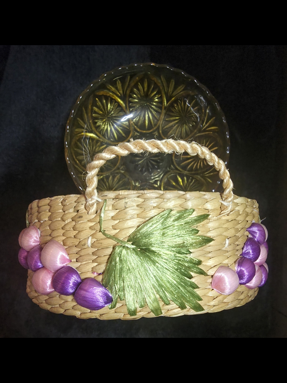 Vintage Raffia Casserole Basket With Amber Glass Bowl 8"